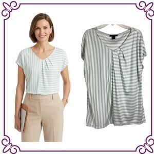 St. John Cap Sleeve V Neck White & Mint Green Stripes Top Blouse SMALL